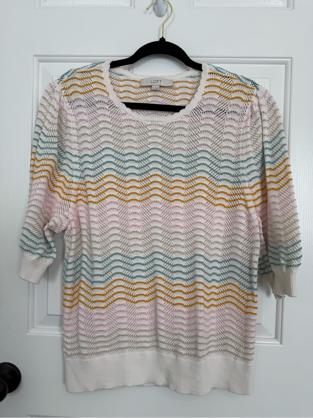 LOFT Cream Open-Knit Top with Pink and Mustard Stripe Details